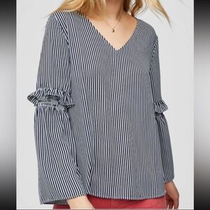 LOFT Black and White Striped V-Neck Blouse